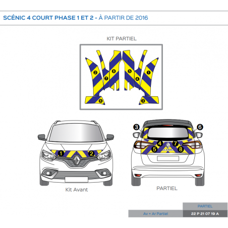 Renault Scénic 4 court phase 1 & 2 à partir de 2016 - Jaune & Bleu - Avant + Arrière