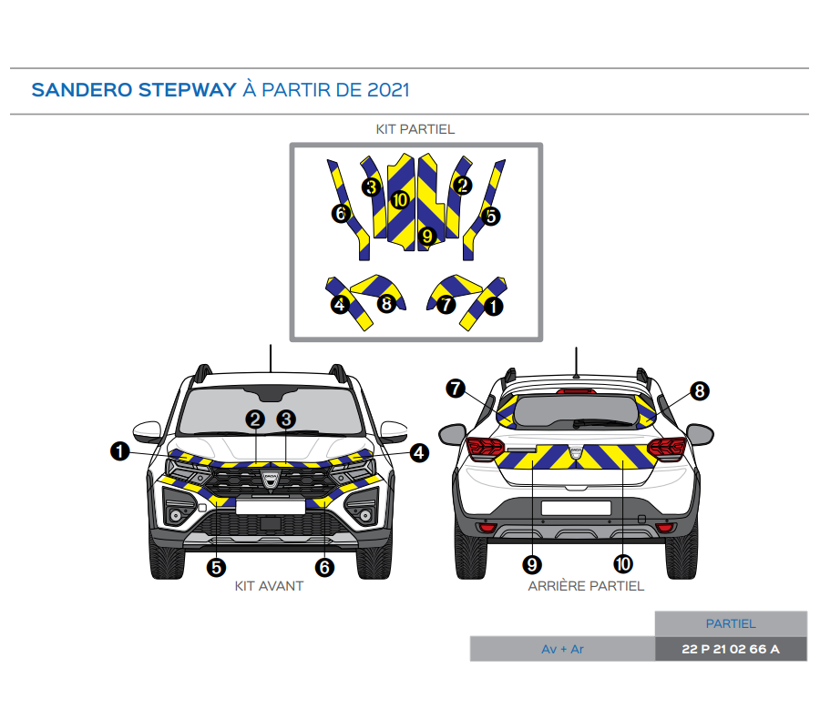 Dacia Sandero Stepway à partir de 2021 - Jaune & Bleu - Avant + Arrière Dacia Sandero Stepway à partir de 2021 - Jaune & Bleu - Avant + Arrière