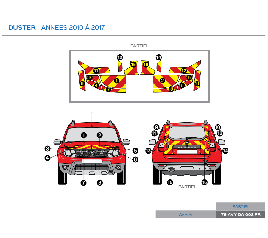 Dacia Duster de 2010 à 2017 - Rouge & Jaune - Avant + Arrière