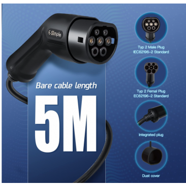 E-S1MPLE - Chargeur Type 2 - 22KW - 32A Triphasé - 3 Phase - Mode 3 - 5m