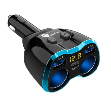Allume cigare adaptateur avec 2 prises USB, 1 prise type C, 2 prises allume cigare, 12V/24V 80W avec affichage LED de voltage