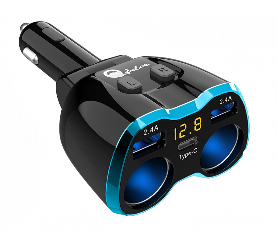 Allume cigare adaptateur avec 2 prises USB, 1 prise type C, 2 prises allume cigare, 12V/24V 80W avec affichage LED de voltage