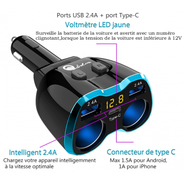 Allume cigare adaptateur avec 2 prises USB, 1 prise type C, 2 prises allume cigare, 12V/24V 80W avec affichage LED de voltage