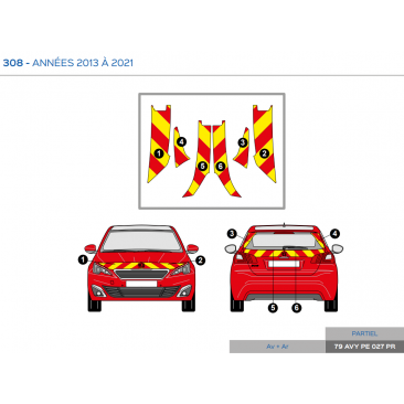Peugeot 308 de 2013 à 2021 - Rouge & Jaune - Avant + Arrière