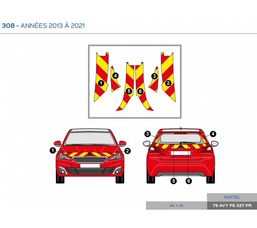 Peugeot 308 de 2013 à 2021 - Rouge & Jaune - Avant + Arrière