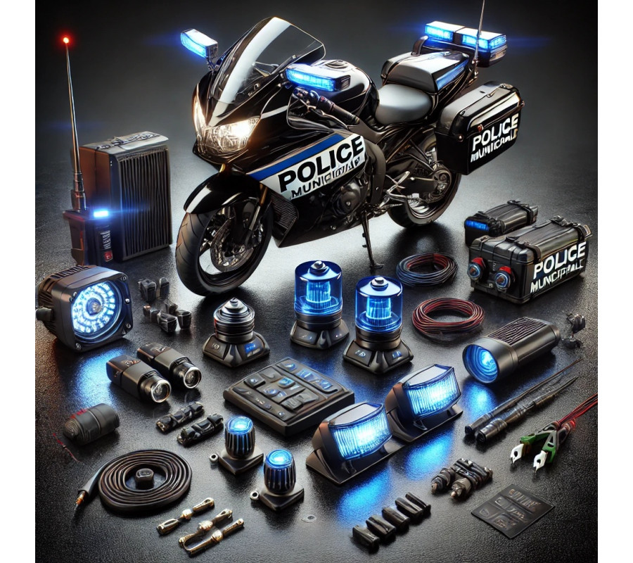 PACK - KIT MOTO DL - Le plus vendu (sirène, 2 comodos, porte fusible, feu bleu + équerres, kit sérigraphie PM, L54 + support)