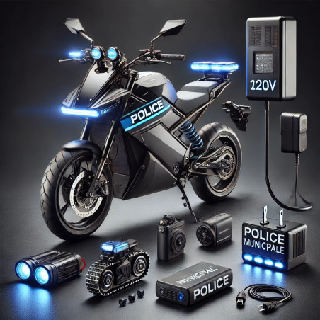 PACK 2 roues élec: batterie 12V + chargeur 220V, 1 feu LED Bleu AV+AR, 1 comodo, 1 sérigraphie PM, 1 sirène + HP police
