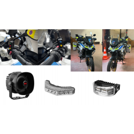 PACK - KIT MOTO DL - Le plus vendu (sirène, 2 comodos, porte fusible, feu bleu + équerres, kit sérigraphie PM, L54 + support)