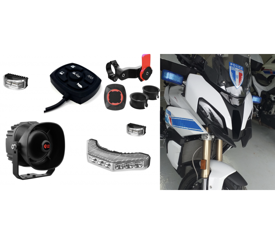PACK - MOTO DL EXPE (sirène, comde étanche 5 boutons, fusible, 2 feux bleus AV + 1 pano AR + équerres, kit sérigraphie PM)