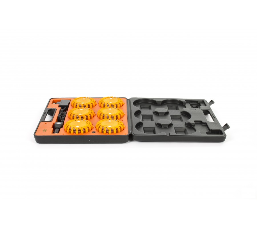 Système LED de signalisation au sol - 9 modes de balisage - 6 modules rechargeables oranges - Valise de transport - Câble Système LED de signalisation au sol - 9 modes de balisage - 6 modules rechargeables oranges - Valise de transport - Câble