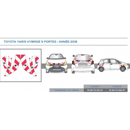 Toyota Yaris Hybride 5 portes de 2016 - Rouge & Blanc - Avant + Arrière + Latéraux - Classe A