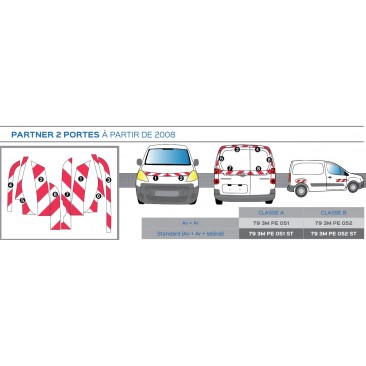 Peugeot PARTNER 2 portes de 2008 - Classe B - Avant, arrière et latéraux mini - Rouge et blanc