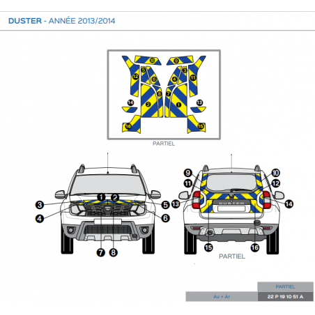 Dacia Duster de 2013 à 2014 - Jaune & Bleu - Avant + Arrière