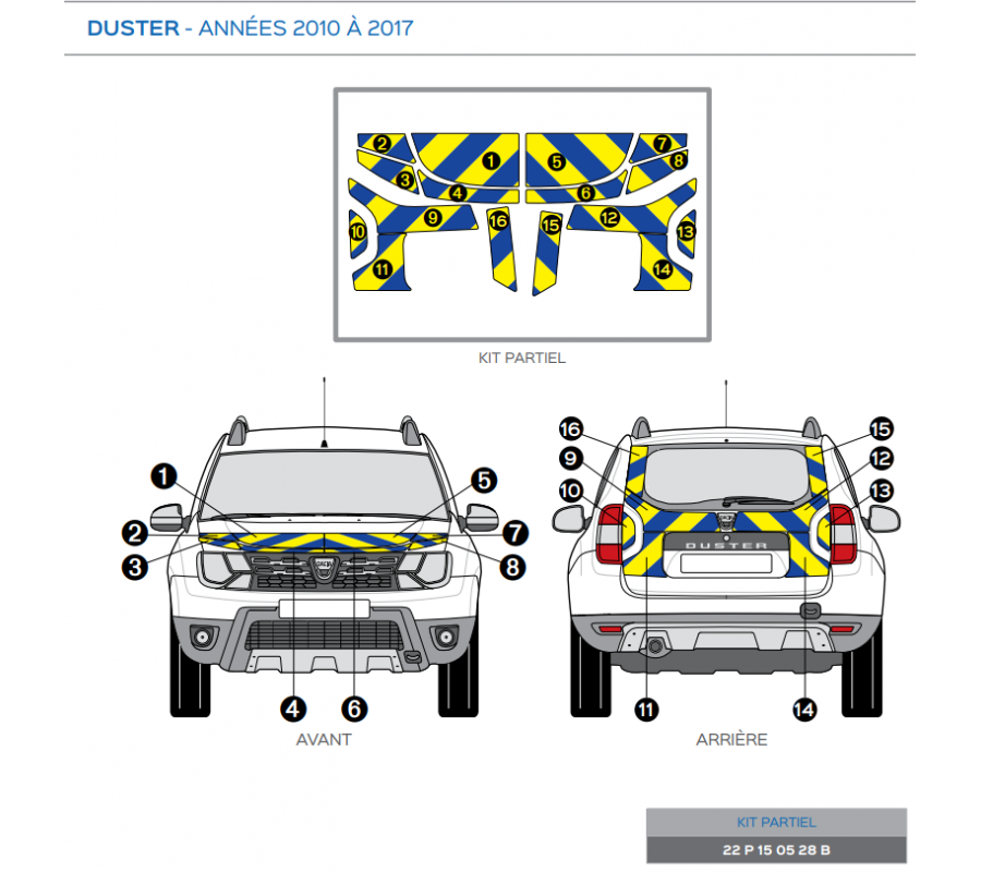 Dacia Duster de 2010 à 2017 - Jaune & Bleu - Avant + Arrière