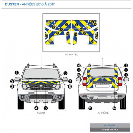 Dacia Duster de 2010 à 2017 - Jaune & Bleu - Avant + Arrière