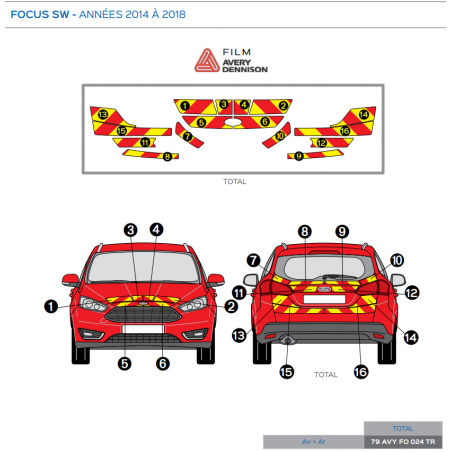 Ford Focus SW de 2014 à 2018 - Rouge & Jaune - Avant + Arrière Total