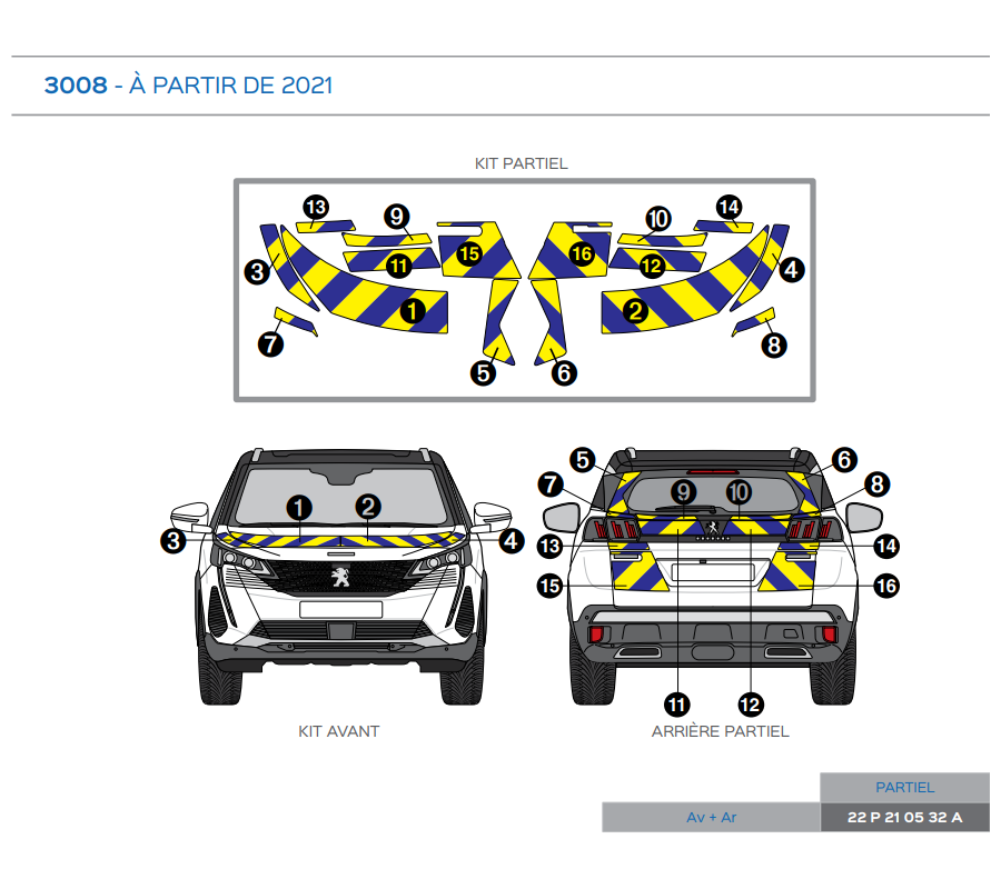 Peugeot 3008 à partir de 2021 - Jaune & Bleu - Avant + Arrière
