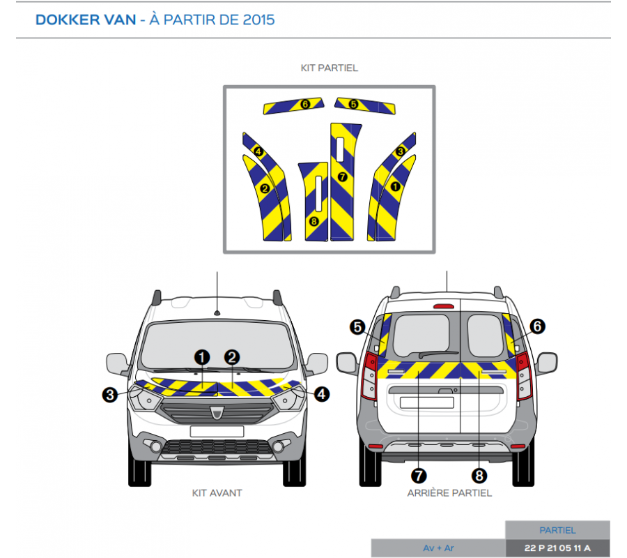 Dacia Dokker 2 portes à partir de 2015 - Jaune & Bleu - Avant + Arrière